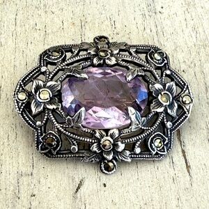 Vintage Sterling Faceted Amythyst Marcasite Brooch Pin